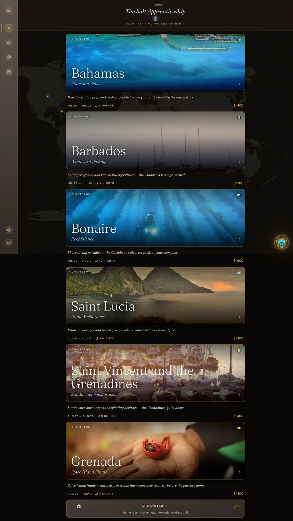 Caribbean Trip Lobby — six chapters from Bahamas to Grenada